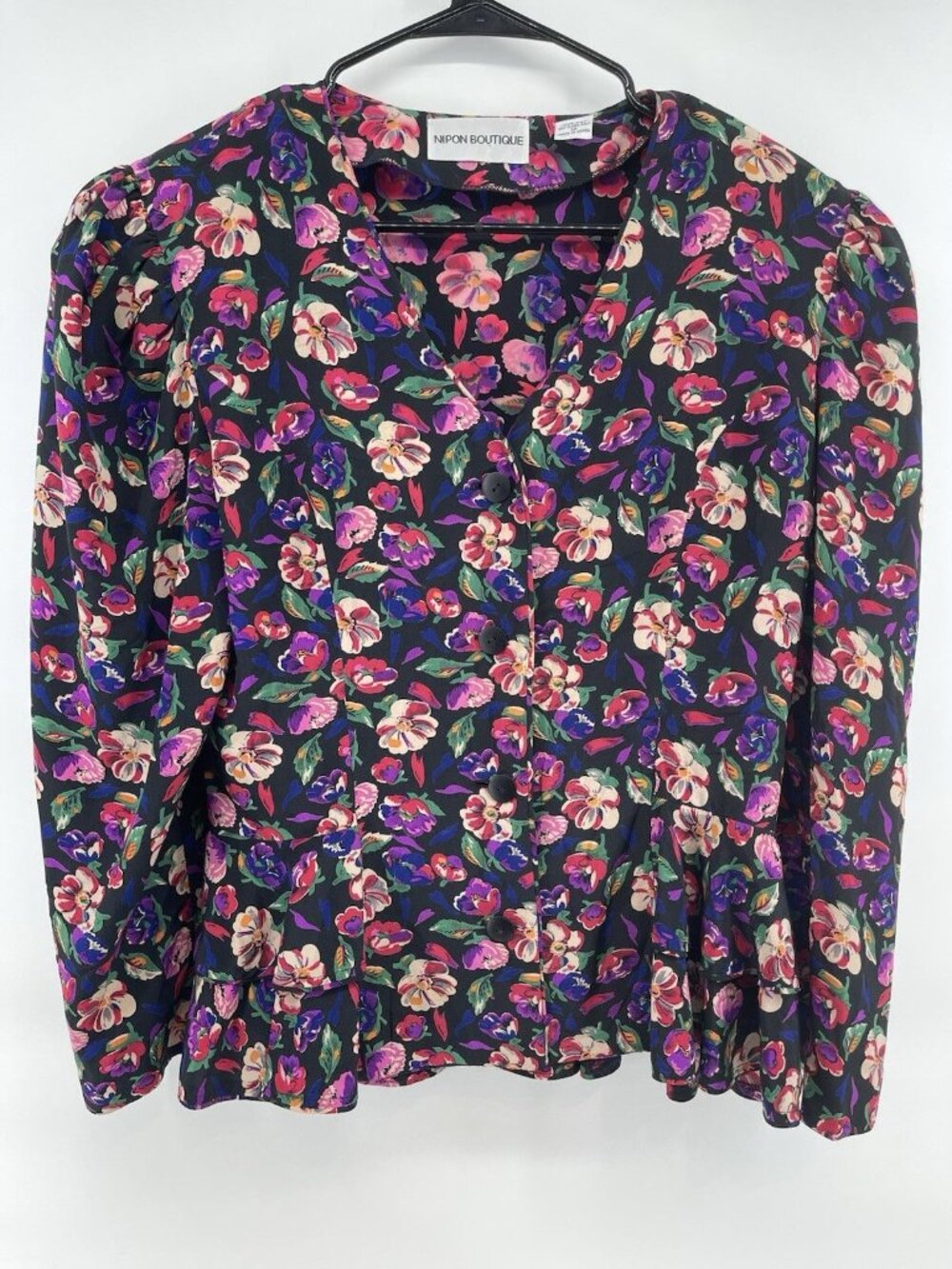 Vtg Nipon Boutique Silk Blouse Womens 12 Floral Button Front Elegant Event Guest